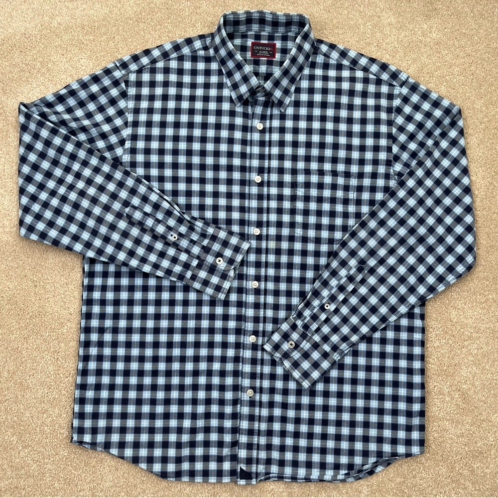 UNTUCKit Shirt Large Blue Check Button Up Cotton Business Casual Preppy Men